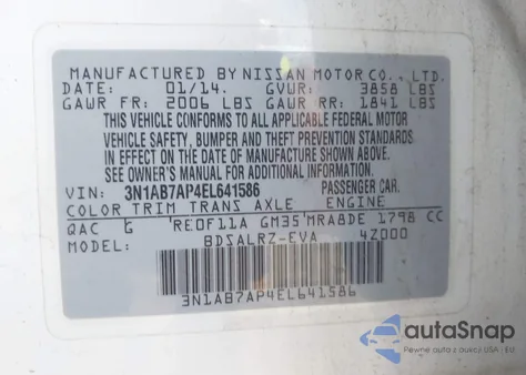 2014 Nissan Sentra Sr z USA, uszkodzony, nr VIN 3N1AB7AP4EL641586